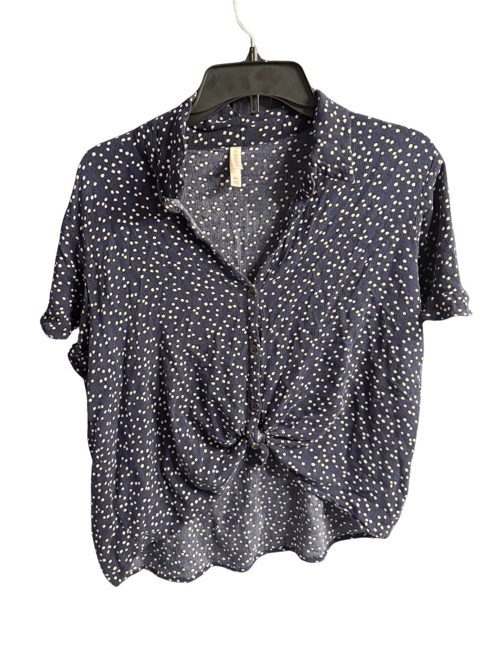 Xhilaration Navy and White Polka Dot Button-Front Tie Shirt